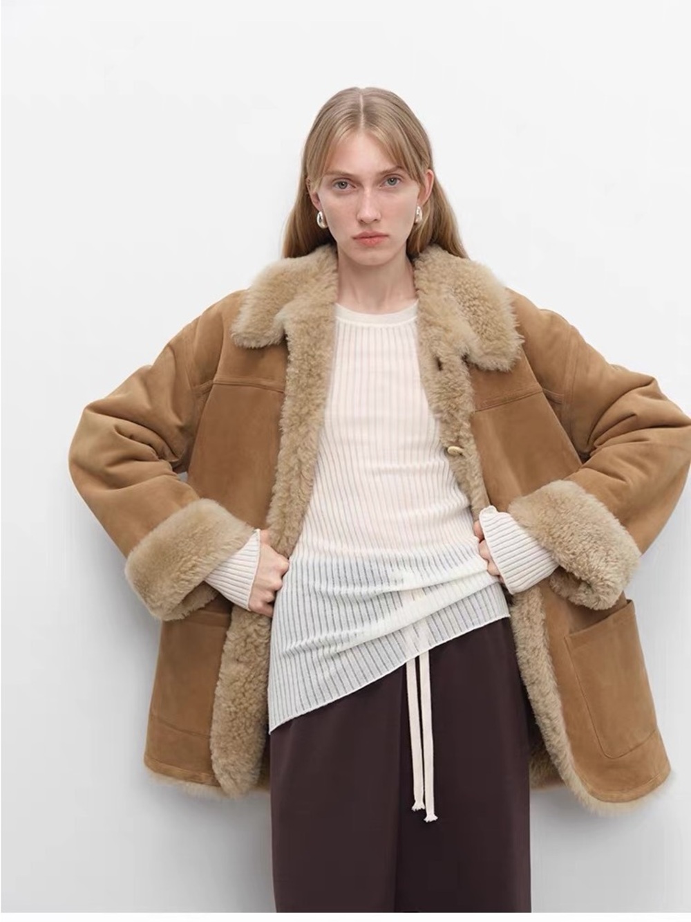 Reversible Shearling Coat in Tan